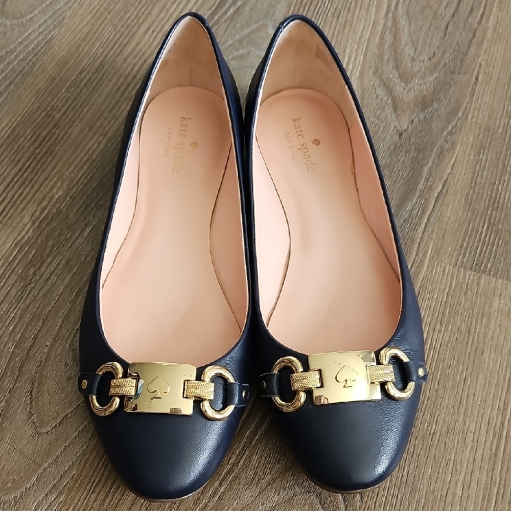 Kate Spade Navy Leather Loafers with Gold Accent